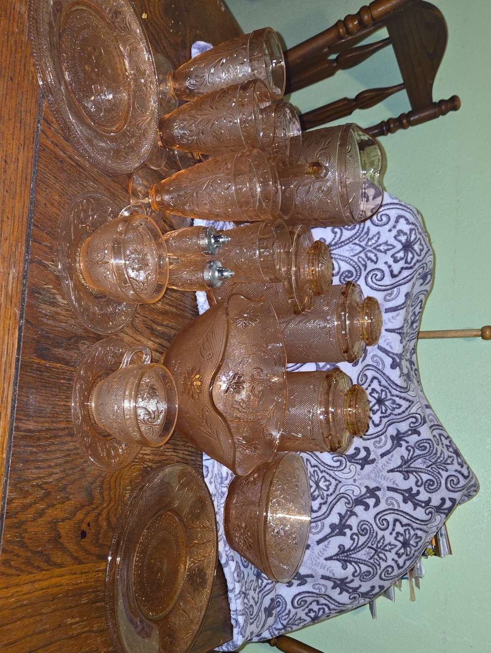 Vintage Pink Depression Glass Punch Bowl Set - Etched Floral